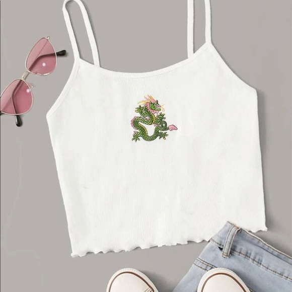 SHEIN Tops - size small shein white tank w/ dragon embroidery